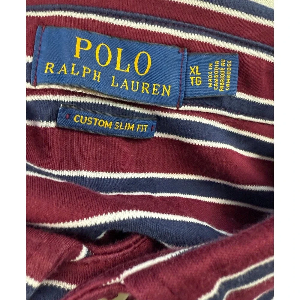 Polo Ralph Lauren Mens Custom Slim Fit Striped Polo Shirt Burgundy Navy XLarge